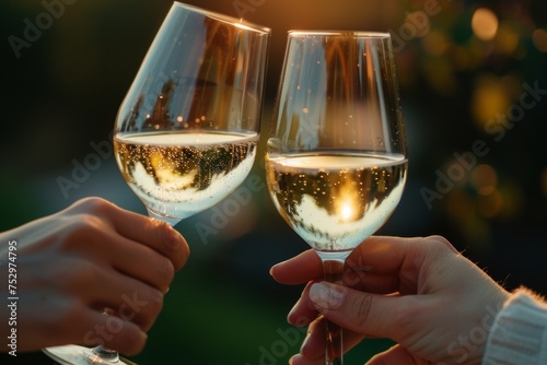 Close up of two people toasting with white wine glasses