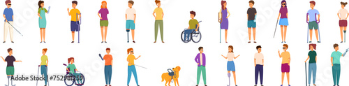 Disabled children icons set cartoon vector. Family handicapped kids. Health problem