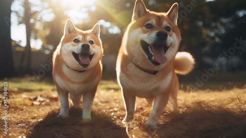 Two akita inu dogs playing in the park. AI Generative.