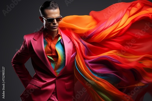A captivating male model showcases his vibrant fashion against a solid backdrop, each movement a testament to his innate sense of style and sophistication.
