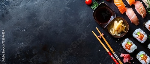 Sushi set on dark stone background. Top view with copy space. Japanese Cuisine Concept with Copy Space. Oriental Cuisine Concept.
