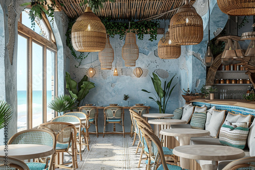 Beachside cafe interior with rattan light fixtures and ocean view