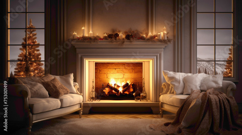 A cozy and inviting living room with a blank white empty frame, capturing the warmth and serenity of a crackling fireplace ona cold winter evening.