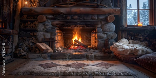 Immerse in warmth of flickering flames in rustic cabin setting. Concept Fireplace, Cabin Retreat, Cozy Ambiance, Warmth, Rustic Setting