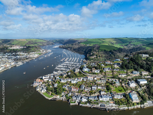 Dartmouth and Kingswear over River Dart from a drone, Devon, England, Europe 