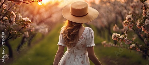 Serene Woman in a Sun Hat Strolling Amidst Vibrant Meadow of Blossoms