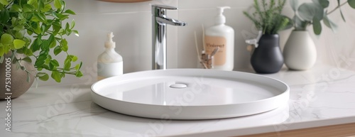 white round tray for products display on kitchen sink background 