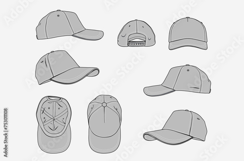 2d illustration of cap. Outline vector image set. Front, back, top, bottom, side and perspective view.