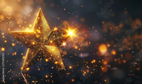 Realistic image of a 3D-rendered golden star on a dark background