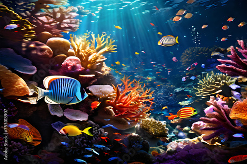 underwater world with colorful fishes and underwater plants