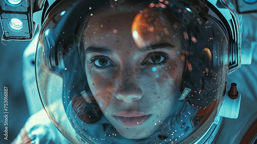 Young Female Astronaut With Reflective Visor, Gazing Intensely, Cosmic Particles, Detailed Helmet, Cool Tones, Human Space Flight. AI Generated