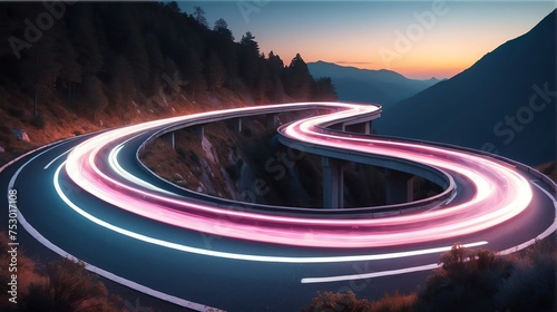 Warp speed white neon lights motion on a winding curved road at the side of a mountain cliff from Generative AI