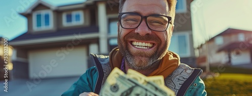 Smiling Man Holding Cash in Front of House
