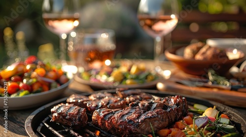 Enjoying a delicious BBQ meal with fresh salads and fine wine, surrounded by the laughter and joy of friends in the backyard.
