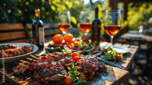 Enjoying a delicious BBQ meal with fresh salads and fine wine, surrounded by the laughter and joy of friends in the backyard.