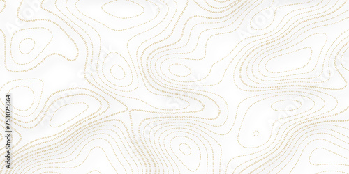 Golden topographic line contour map background, geographic grid map. Line topography map seamless pattern. Mountain hiking trail over terrain. Contour background
