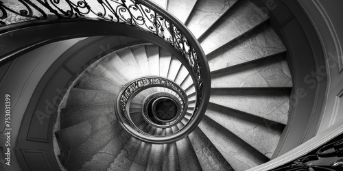 A spiral staircase with black and white steps