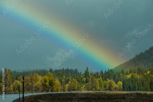 Spectacular rainbow in Yellowstone National Park during autumn in Wyoming, USA