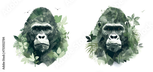 Drawing of a gorilla portrait. Stylized illustration of a great ape. 