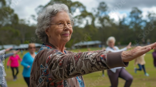 Senior Woman Practicing Tai Chi Outdoors. An elderly woman with glasses enjoys Tai Chi, performing a graceful exercise movement in an outdoor setting.