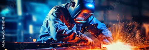 Close up of professional welder working on medium sized pipe with blue light, copy space included