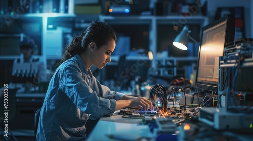 Female Engineer Working on Circuit Board in Lab