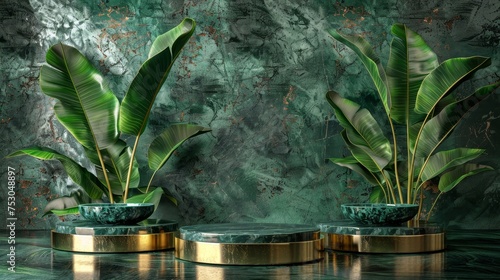 Luxury green podium with stone wall and plant for summer fashion showcase and beauty mockup