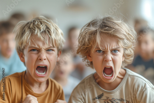 Children Victims Aggression. School boys fight in a classroom, kids aggression and bullying concept