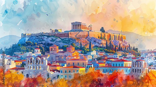 Watercolor touristic card of Athens