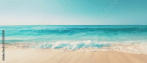 Serene Beach with Turquoise Waters and Clear Sky, The serene scene of a beach with gentle turquoise waters under a clear sky invokes a feeling of peace and relaxation.
