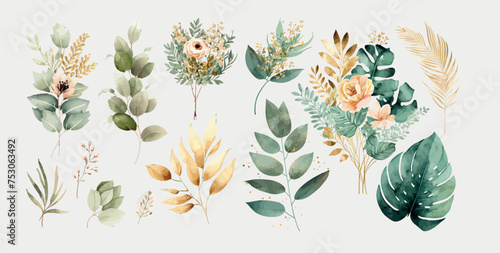 Watercolor floral illustration set - flower and green gold leaf. Decorative elements template. Flat cartoon