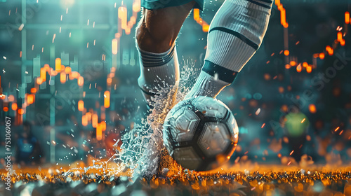 portrait of foot of a soccer player kicking a ball, investing or trading in stock or currency market background concept