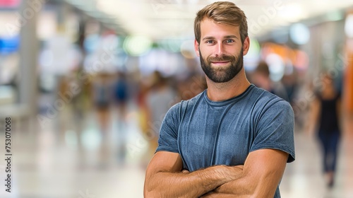 Attractive young american man flexing biceps with copy space on blurred background
