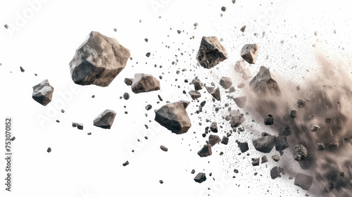 Discover the surreal scene of flying rocky debris and dust, isolated on a transparent background. AI generative