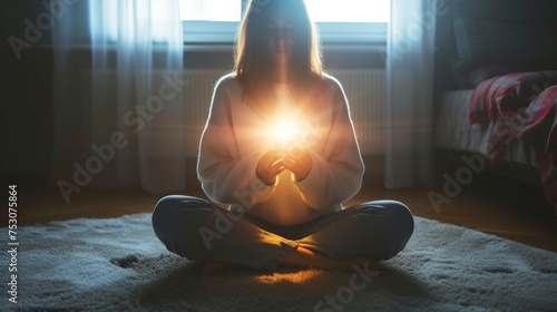 Adolescent sitting cross legged bottom center on the floor holding a smartphone in both hands looking on the bright screen. Light beam coming out of the phone.