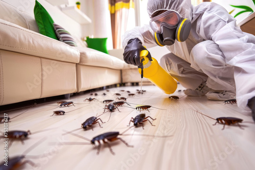 Pest control exterminator killing cockroaches inside house
