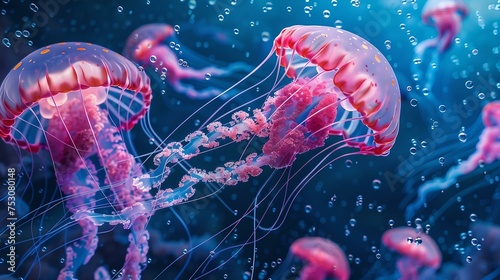 Vibrant jellyfish swimming underwater, marine life ecosystem. digital rendering of sea jellies in blue ocean. artistic representation of aquatic life. AI