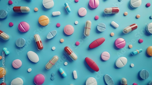 Assorted medications on blue backdrop, health and pharmacy concepts visualized, everyday medicines. AI