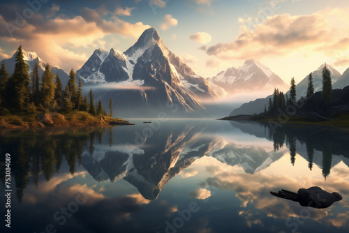 Tranquil mountain lake at dawn, surrounded by towering peaks and mirrored reflections of landscape. Generative AI