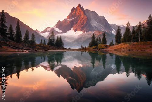 Serene mountain lake at dawn, surrounded by towering peaks and mirrored reflections of tranquil landscape. Generative AI