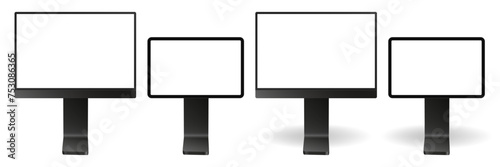 Set of black information panels . Screen mockup, empty frame. Display or signboards isolated on a transparent background. 3d mockup of a signboard with transparent or white screen and shadow