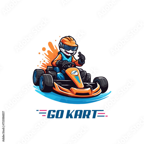 Karting Vector Mascot logo design template. Go Kart racing illustration in colorful design, good for event logo, t shirt design and racing team logo. cartoon fun racing logo illustration