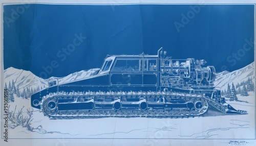 vintage blueprint of a Bombardier BR snowcat, track assemblies and catski 12 passenger compartment against snowy hills