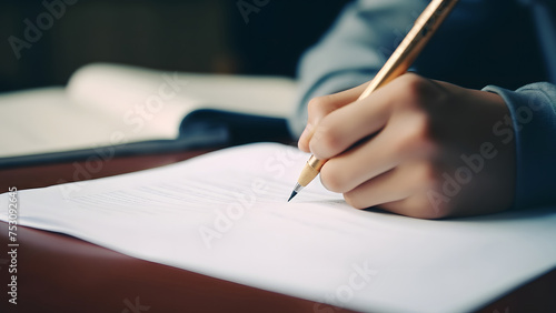 Student taking test, hand holding pencil writing note, exam, learning, studying in classroom at school