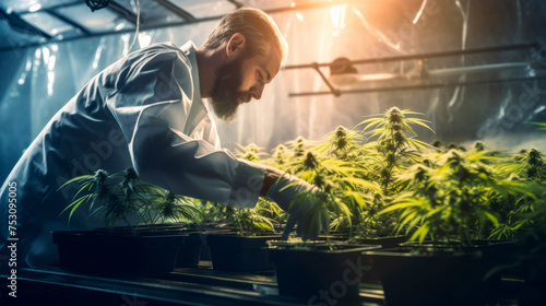 Marijuana researcher checking marijuana cannabis plantation in cannabis farm, Business agricultural cannabis.