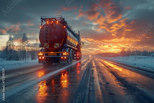 Atmospheric image of a large fuel tanker truck driving down a snowy road during sunset, reflecting the fiery sky