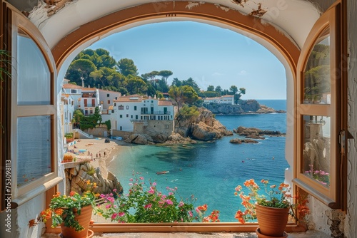 A picturesque view of a white sandy beach and turquoise waters seen through the rustic charm of an arched window adorned with flowers