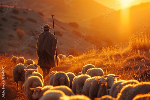 A lifelike portrayal of a shepherd with his staff, vigilantly guiding his flock of sheep across the tranquil field, encapsulating the timeless bond between man and animal