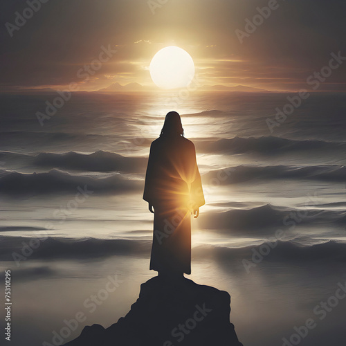 Jesus Christ silhouette with the sunset coast.