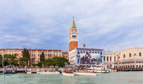 Doge's Palace, Campanile and water taxis in Venice in Veneto, Italy